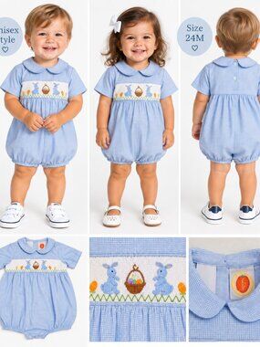 Southern Sunshine Kids 24M Bunny Smocked Romper Easter Heirloom Preppy Unisex